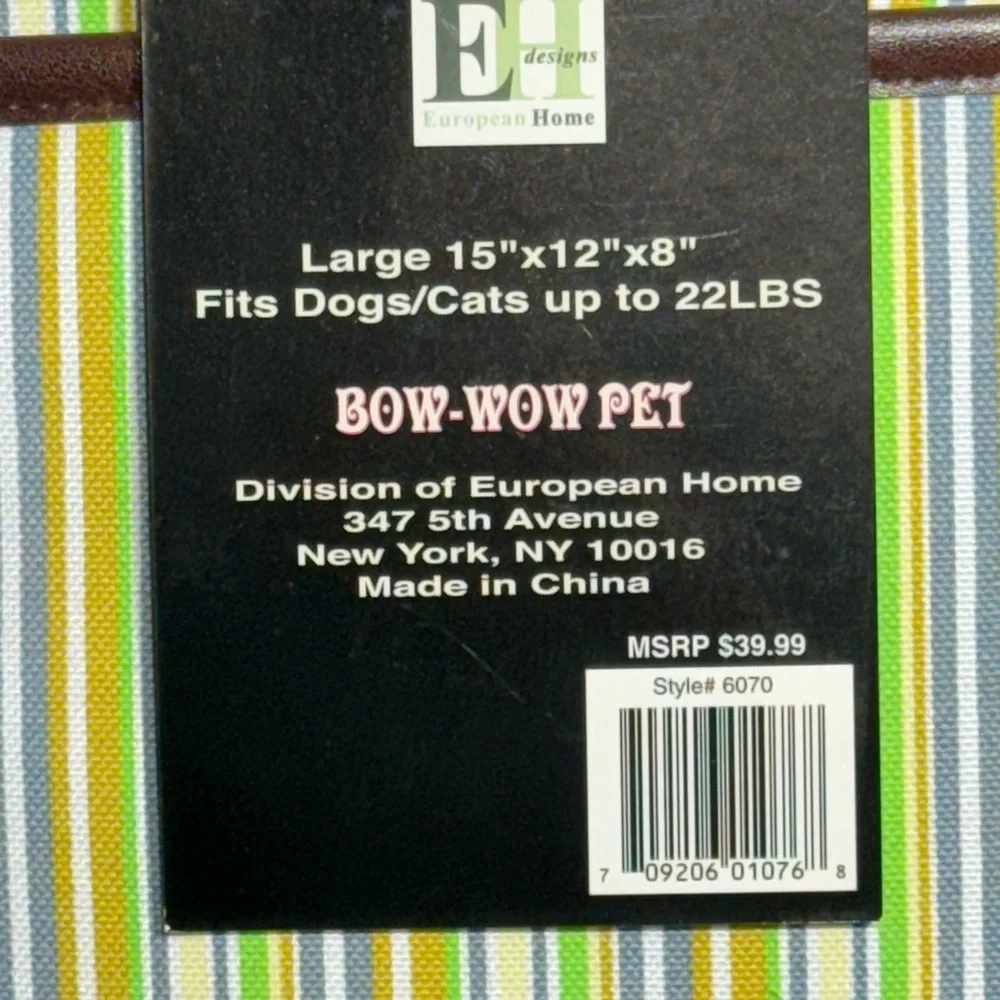NWT Bow-Wow Pet Carrier Large 15” x 12” x 8” Pets up to 22lbs Green Stripes